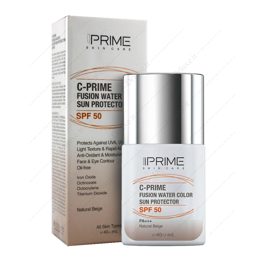 فلوئید ضد آفتاب SPF50 رنگی ویتامین C پرایم مدل فیوژن واتر 40 میلی‌لیتر